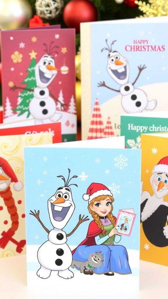 Olaf-Themed Christmas Card Ideas A display of Olaf-themed Christmas cards with festive designs and decorations.